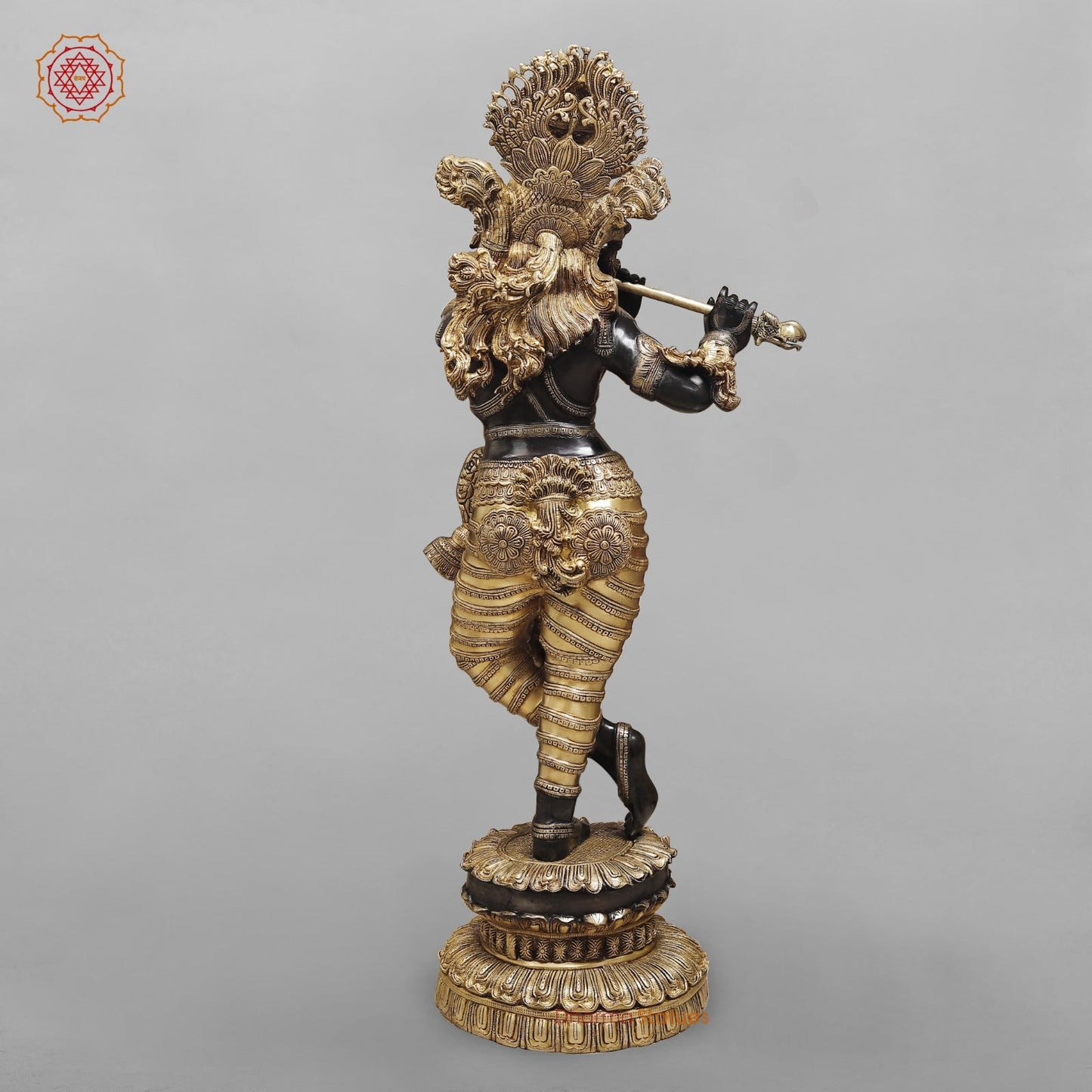 Brass Krishna Standing With Garland Fine, Royal Black And Gold Finish 46”