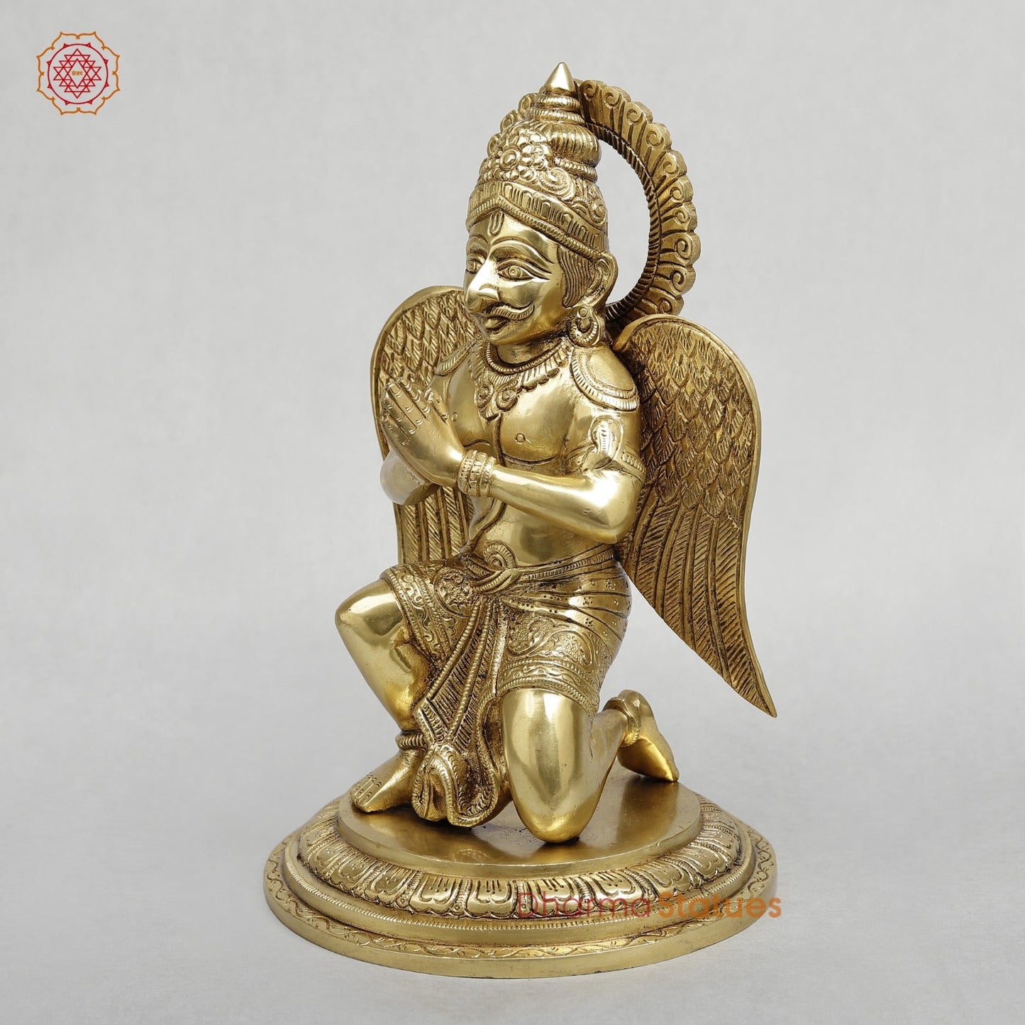 Brass Garuda Seated Fine with Mantra On the wings, Special Gold Finish 12”