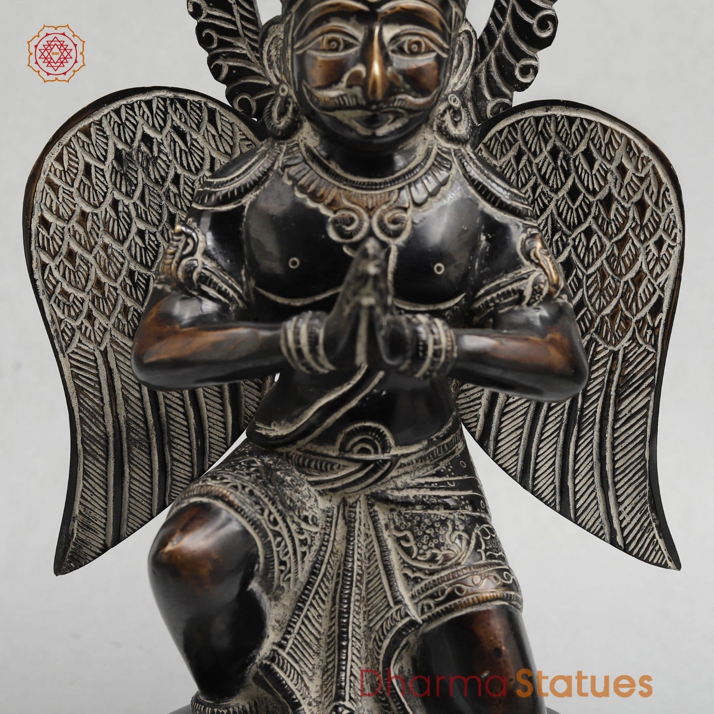 Brass Garuda Seated With Mantra in the Wings Fine, Antique Finish 12”