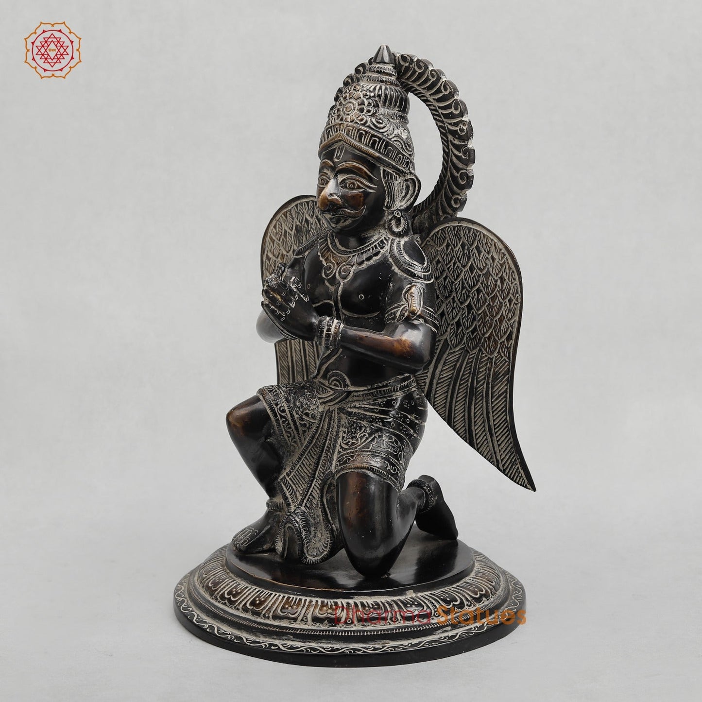 Brass Garuda Seated With Mantra in the Wings Fine, Antique Finish 12”