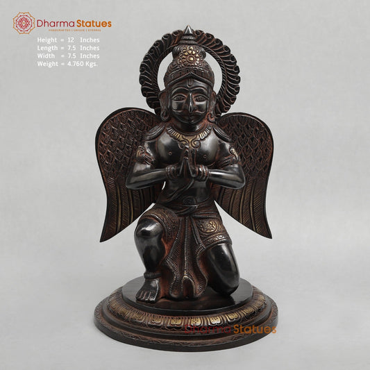 Brass Garuda Seated With Mantra in the Wings Fine, Royal Black with Red Hues Finish 12”