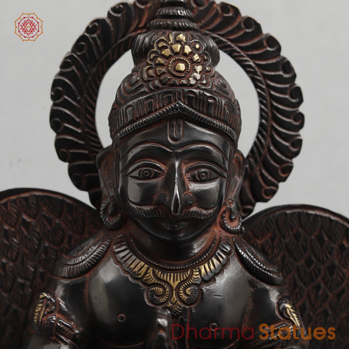 Brass Garuda Seated With Mantra in the Wings Fine, Royal Black with Red Hues Finish 12”