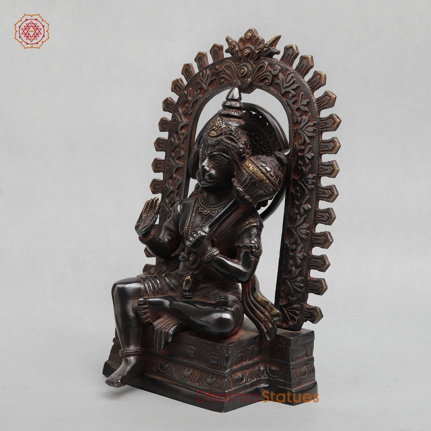 Brass Hanuman Seated with Frame Fine, Royal Black With Red Hues finish 11”