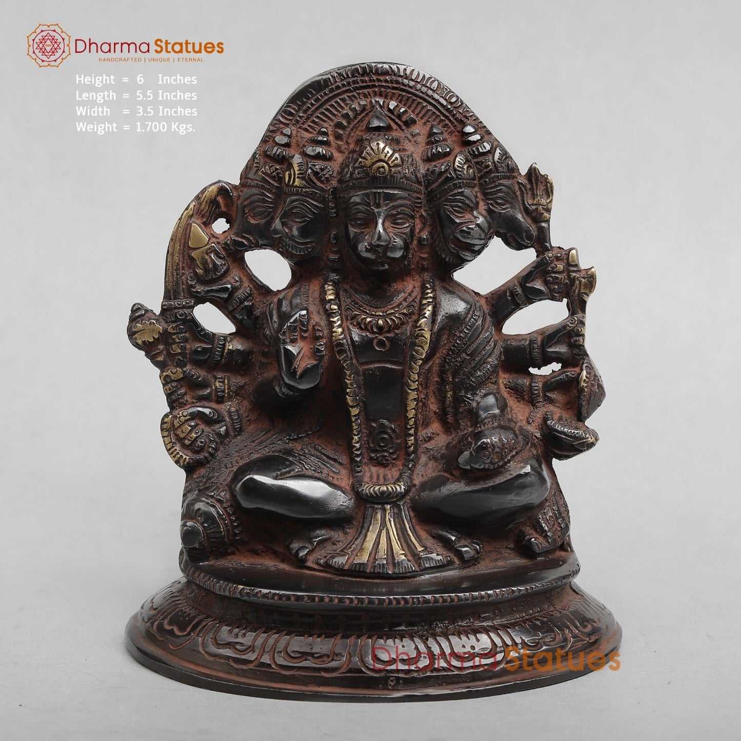 Brass Panchmukhi Hanuman Seated with Frame Fine, Royal Black With Red Hues finish 6”