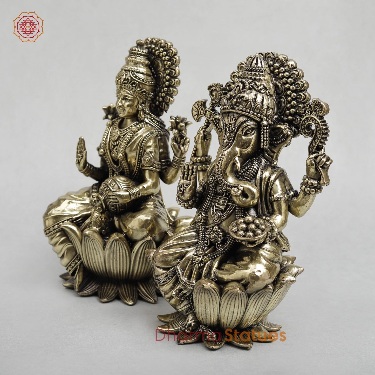 Brass Lakshmi Ganesh Seated on Lotus Fine 7.5”