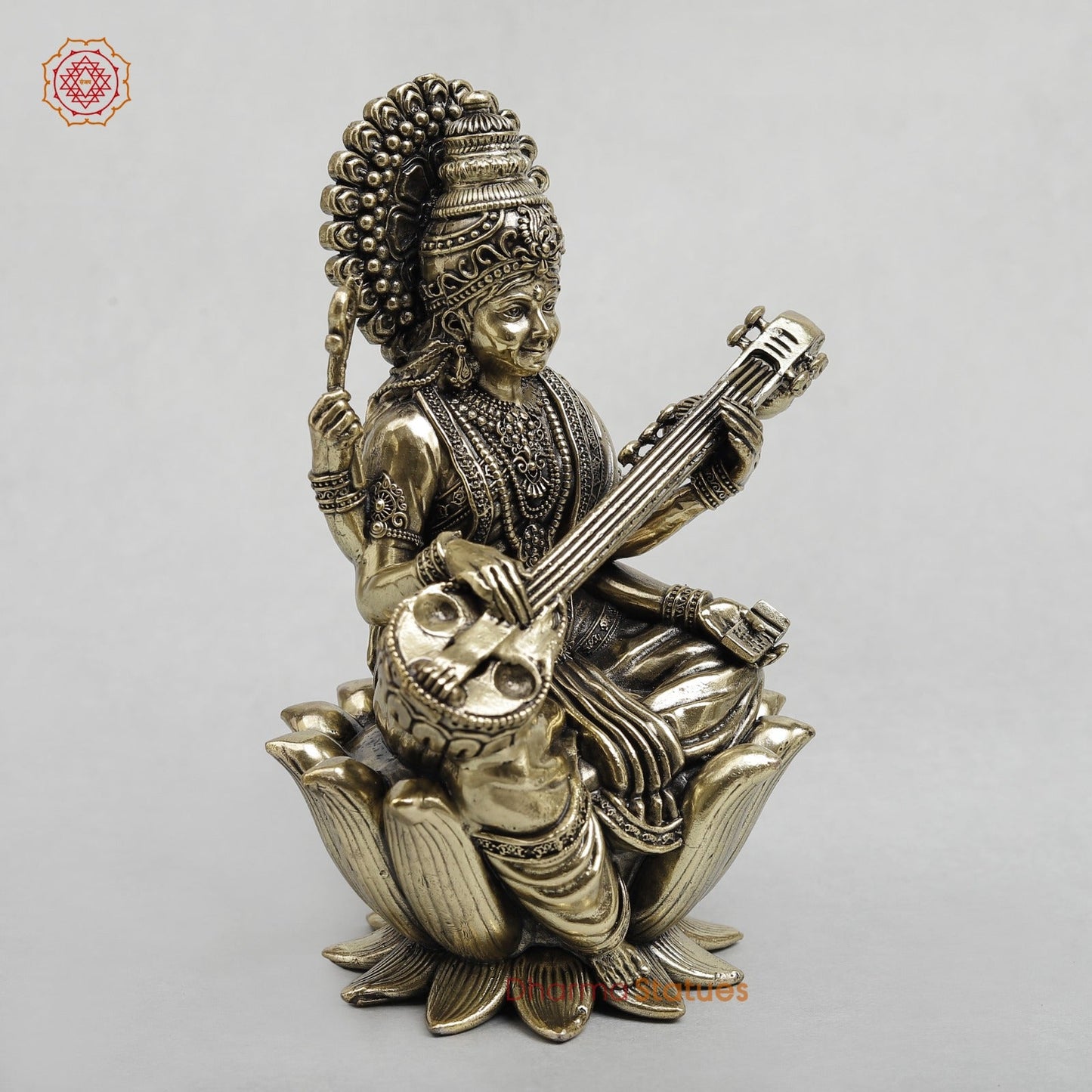 Brass Saraswati Seated on Lotus Fine 7.5”