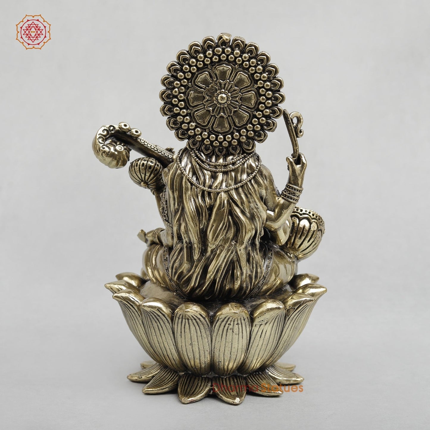 Brass Saraswati Seated on Lotus Fine 7.5”