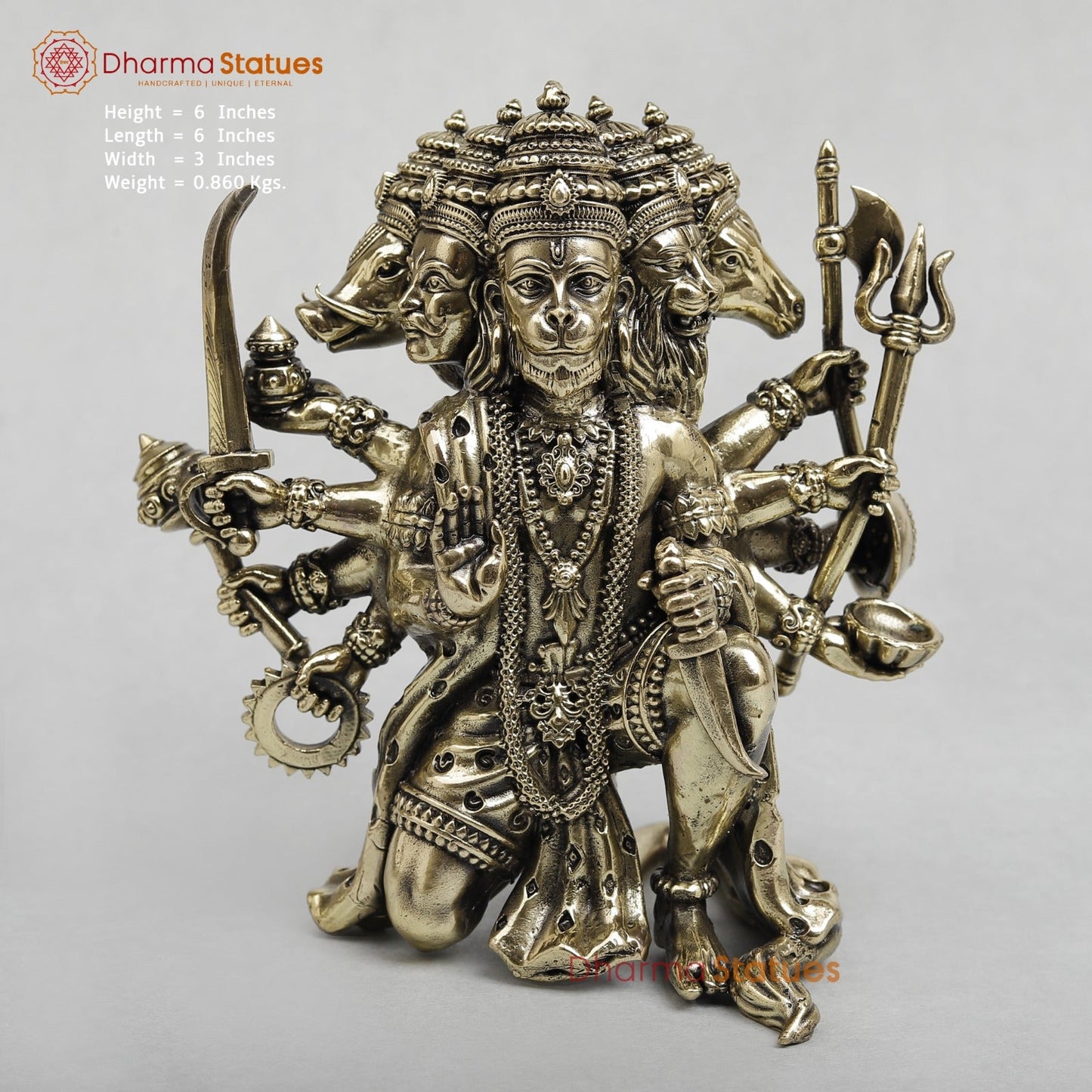 Brass Panchmukhi Hanuman Seated Fine 6”