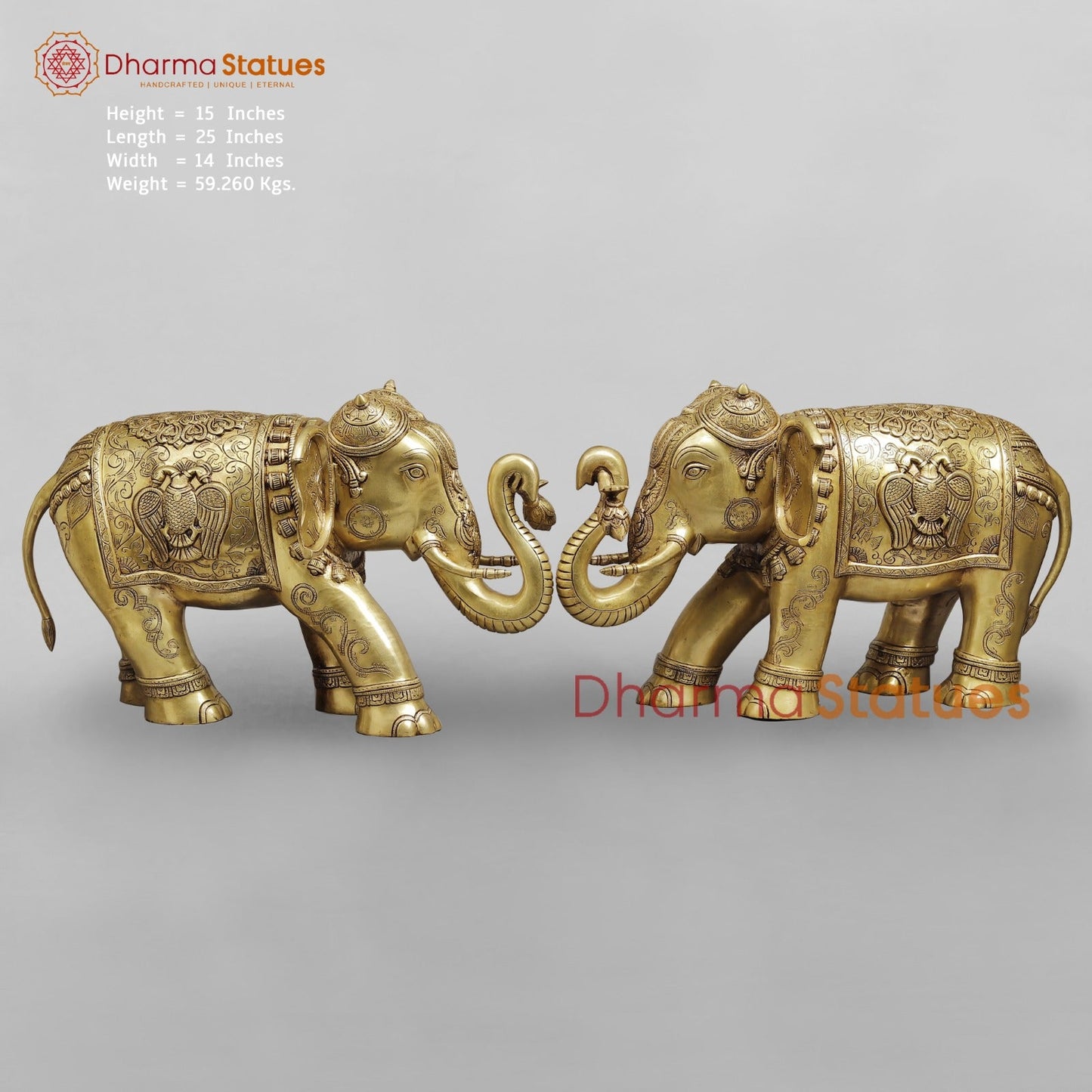 Brass Elephants Holding Lotus With Peacock Carving Fine, Special Gold Finish 25” (Set of 2)