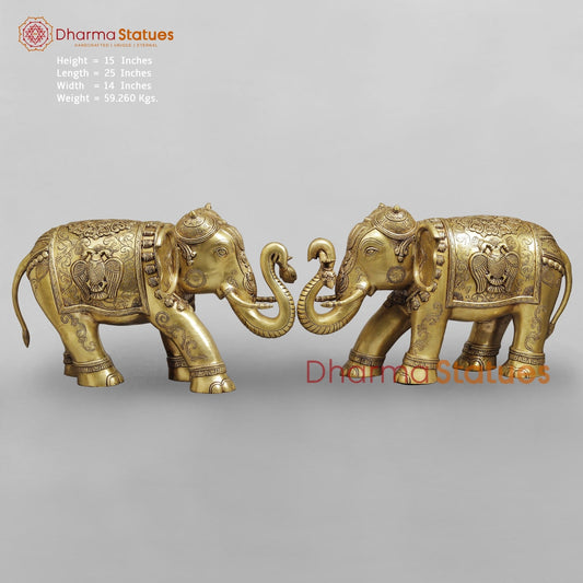 Brass Elephants Holding Lotus With Peacock Carving Fine, Special Gold Finish 25” (Set of 2)