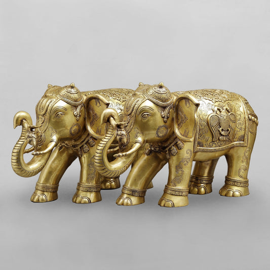 Brass Elephants Holding Lotus With Peacock Carving Fine, Special Gold Finish 25” (Set of 2)