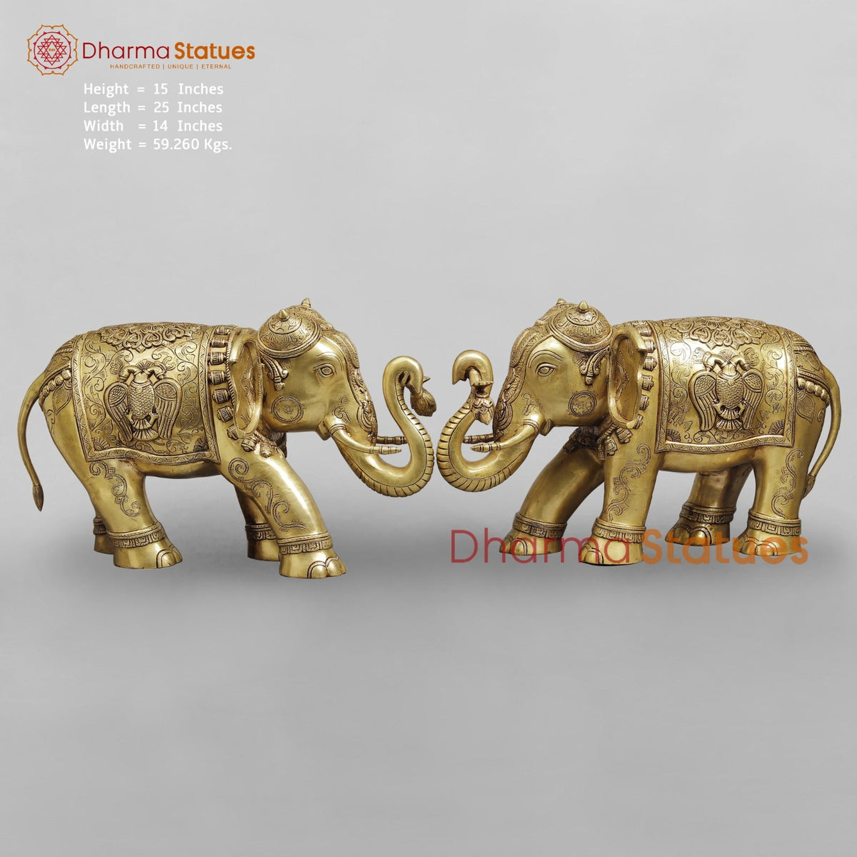 Brass Elephants Holding Lotus (Airavat) With Peacock Carving Fine, Special Gold Finish 25” (Set of 2)