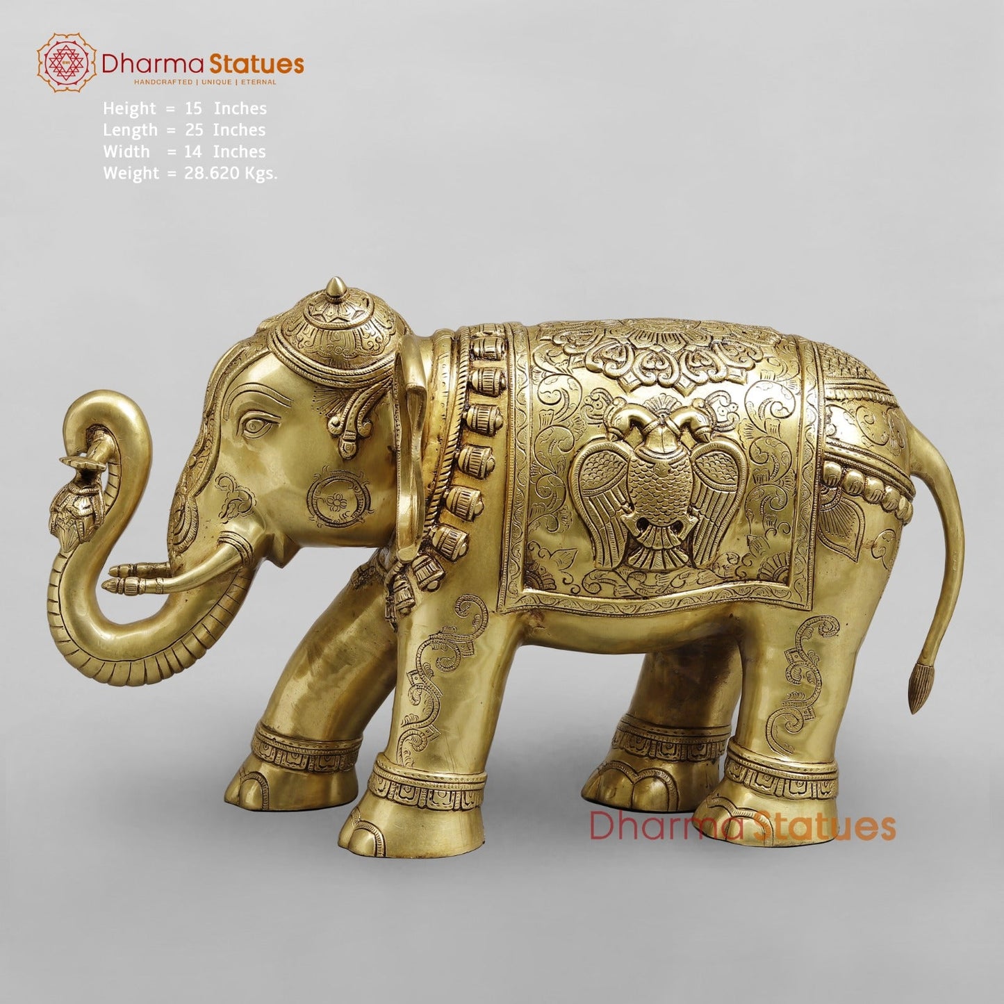 Brass Elephant Holding Lotus In trunk with Peacock Carving Fine, Special Gold Finish 25”