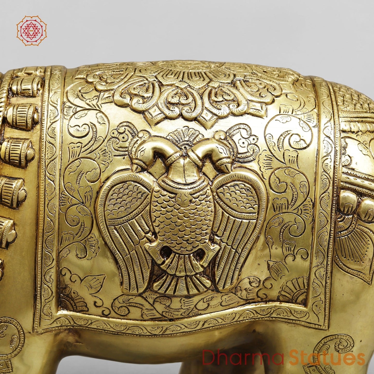 Brass Elephant Holding Lotus In trunk with Peacock Carving Fine, Special Gold Finish 25”