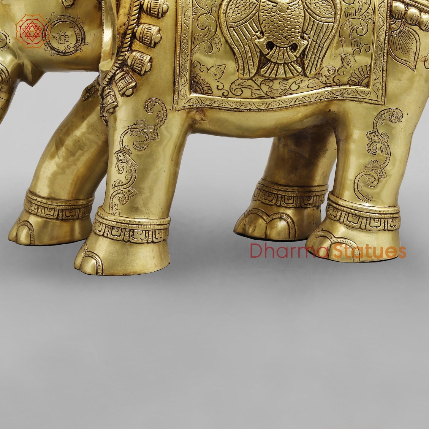 Brass Elephant Holding Lotus In trunk with Peacock Carving Fine, Special Gold Finish 25”