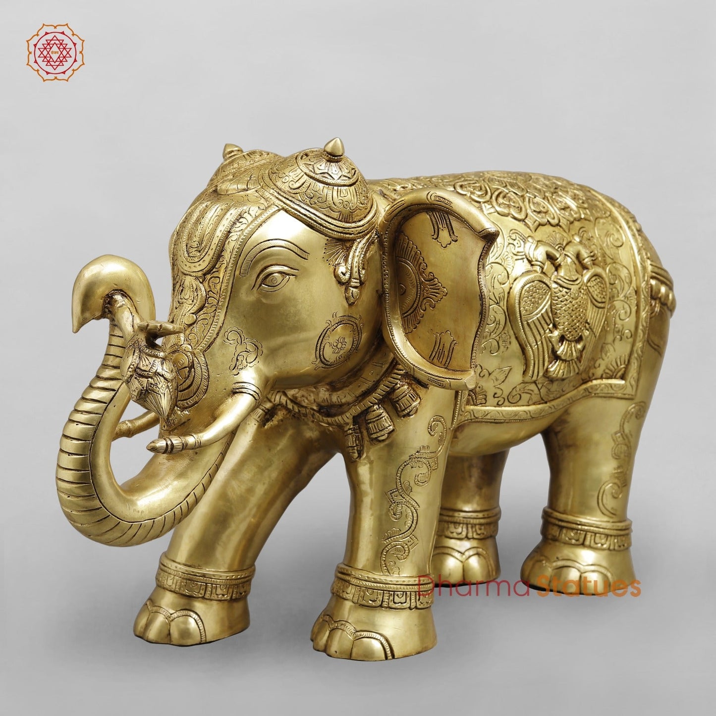 Brass Elephant Holding Lotus In trunk with Peacock Carving Fine, Special Gold Finish 25”