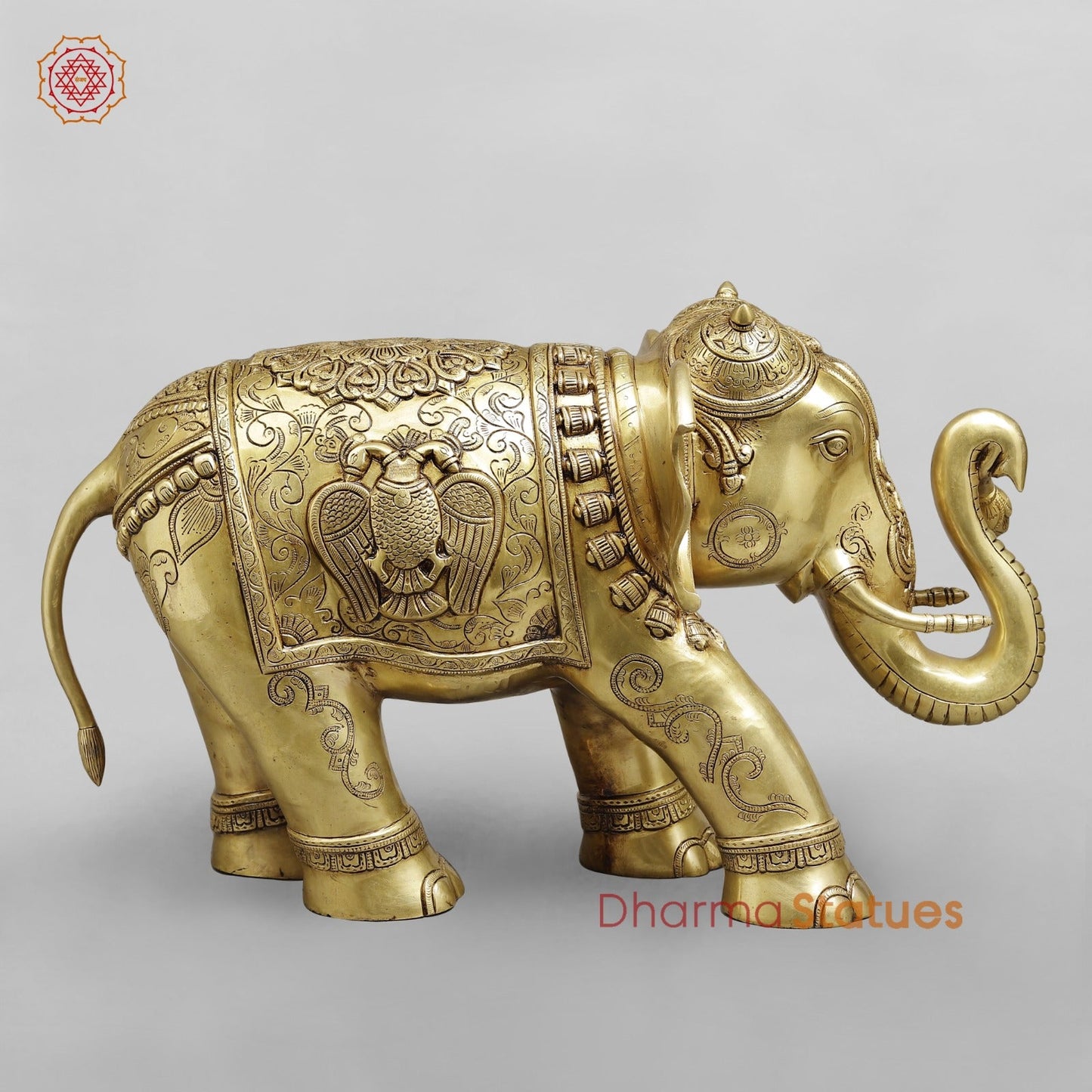 Brass Elephant Holding Lotus In trunk with Peacock Carving Fine, Special Gold Finish 25”
