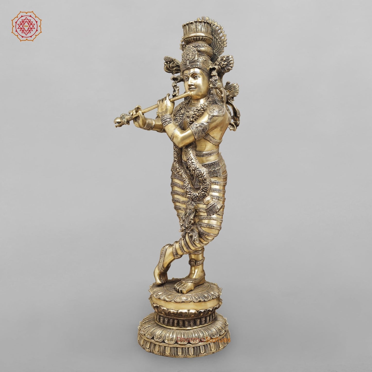 Brass Krishna with Fine Carving, Smooth finish 46.5”