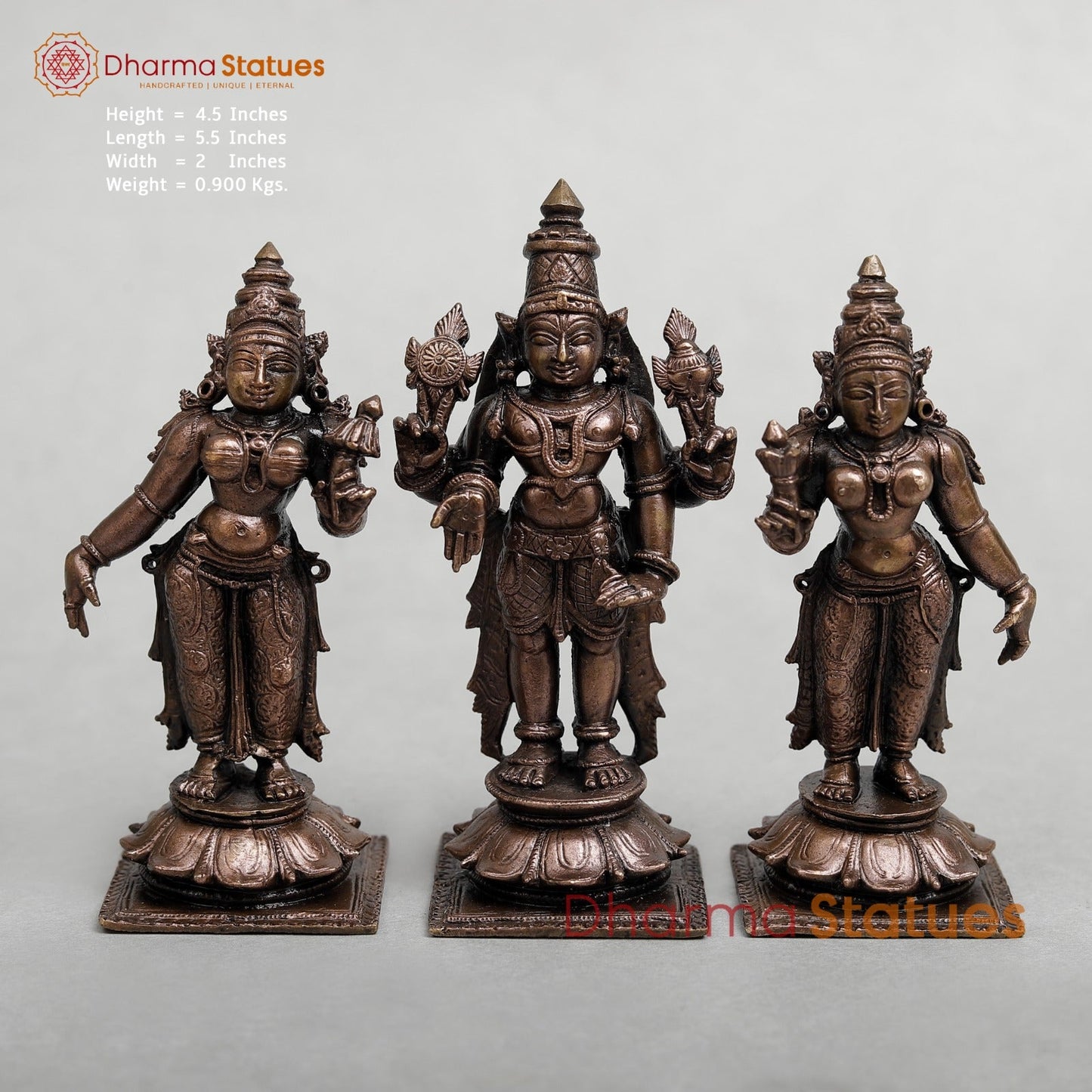 Copper Balaji with Sridevi and Bhudevi 4.5”