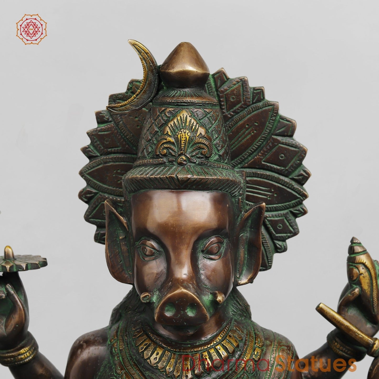 Brass Varahi Seated on Lotus Fine, Copper Green Finish 18.5”