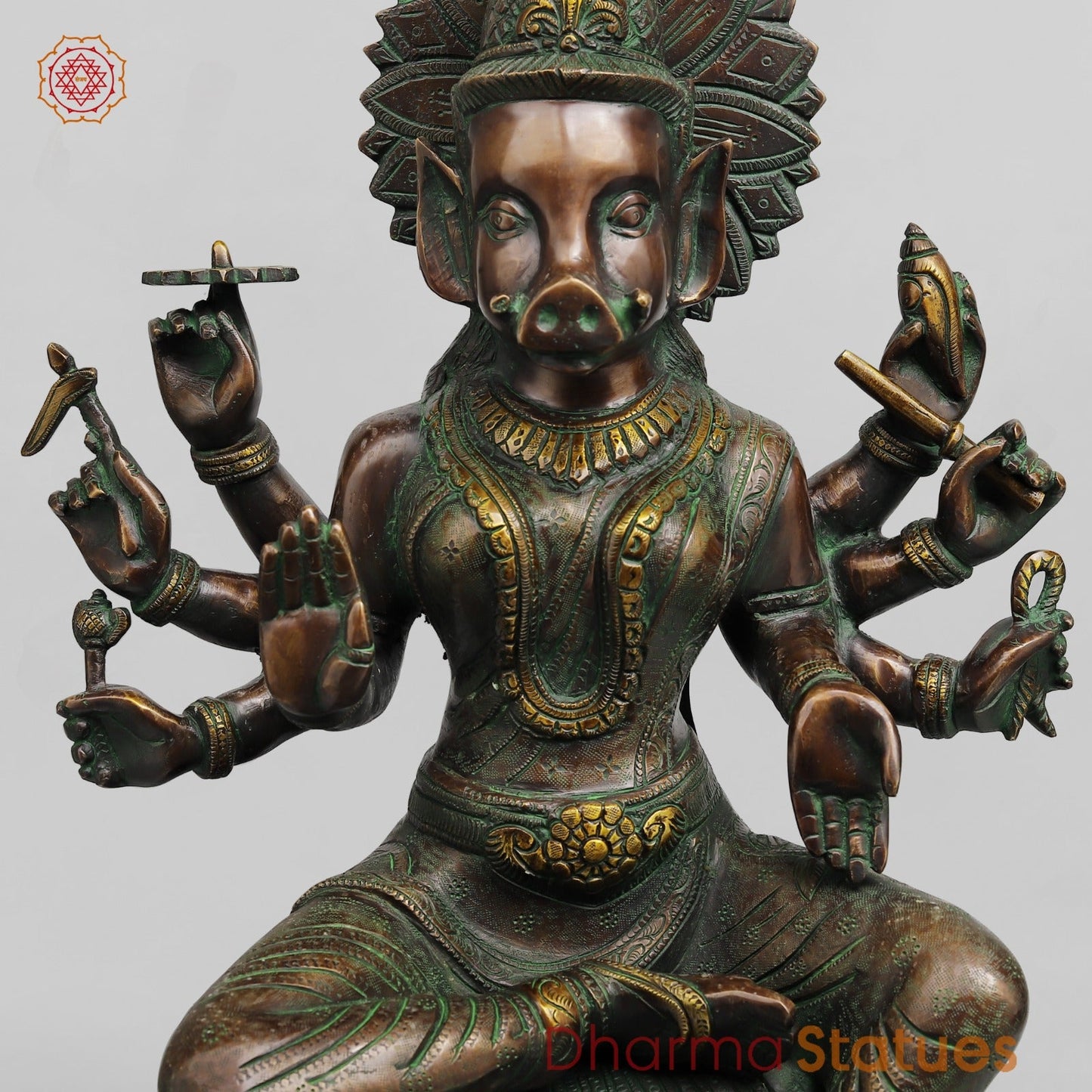 Brass Varahi Seated on Lotus Fine, Copper Green Finish 18.5”
