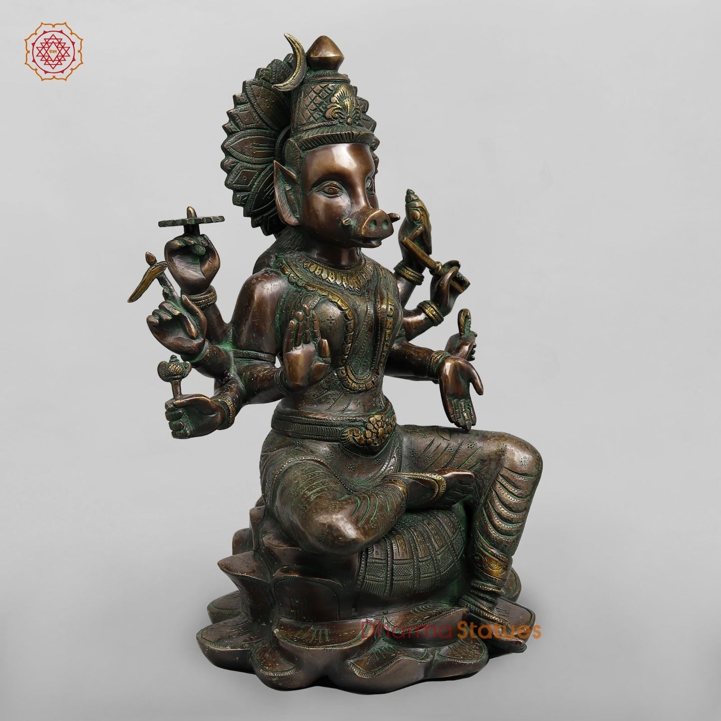 Brass Varahi Seated on Lotus Fine, Copper Green Finish 18.5”