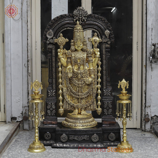 Brass Tirupati Balaji With Shankh Chakra Lamps And Keertimukh Arch Fine, Copper and Gold Finish 62”