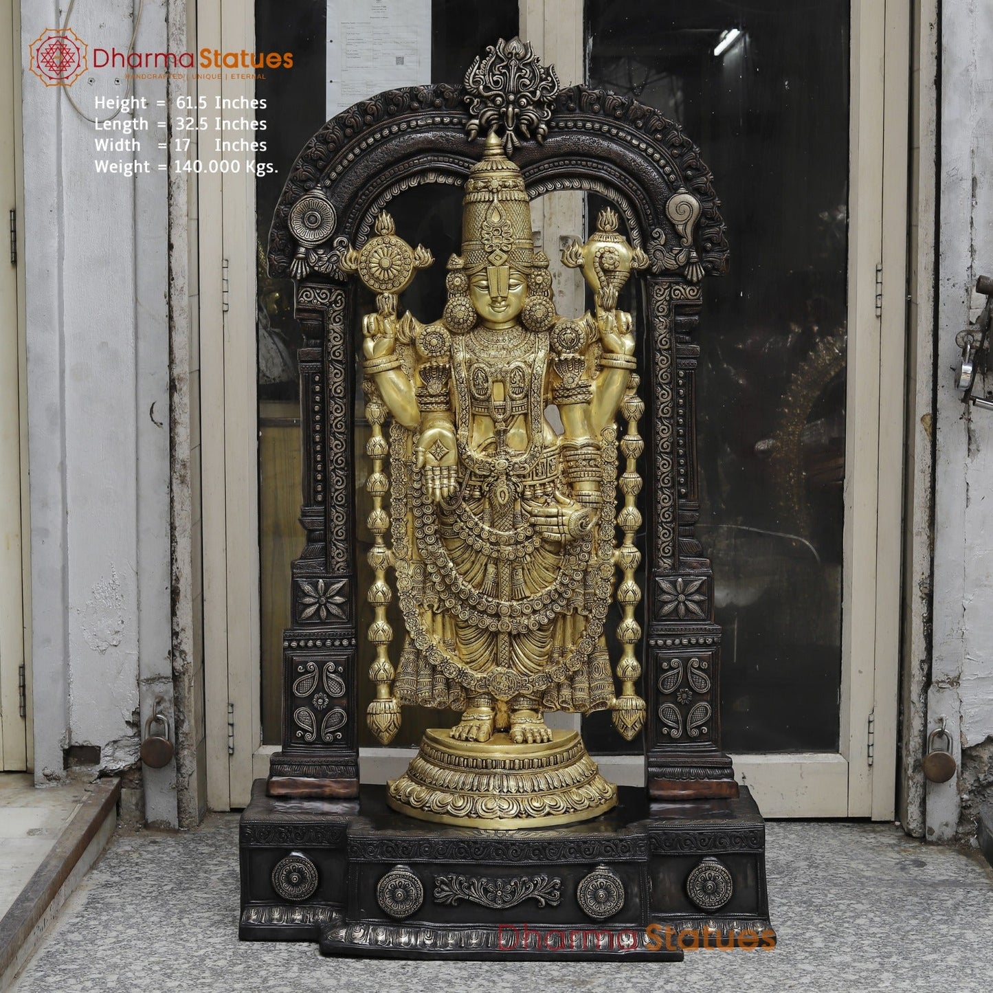 Brass Tirupati Balaji With Shankh Chakra Lamps And Keertimukh Arch Fine, Copper and Gold Finish 62”