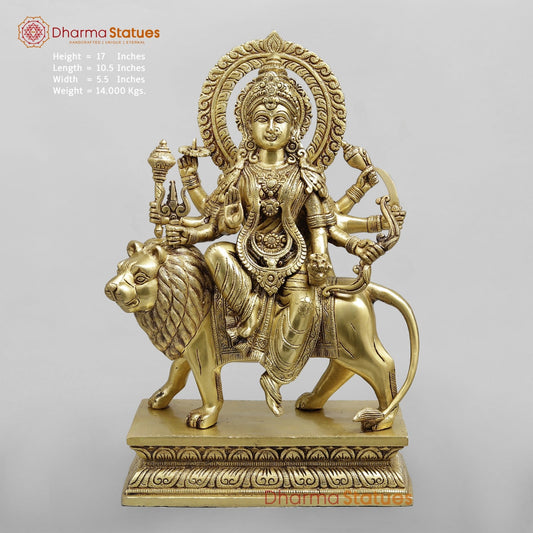 Brass Durga Seated on lion Fine, Special Gold Finish 17”