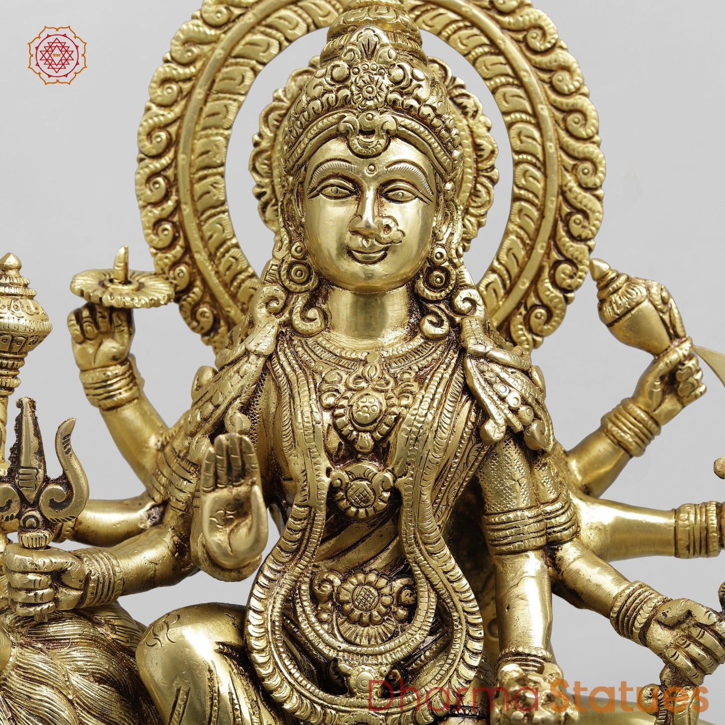 Brass Durga Seated on lion Fine, Special Gold Finish 17”