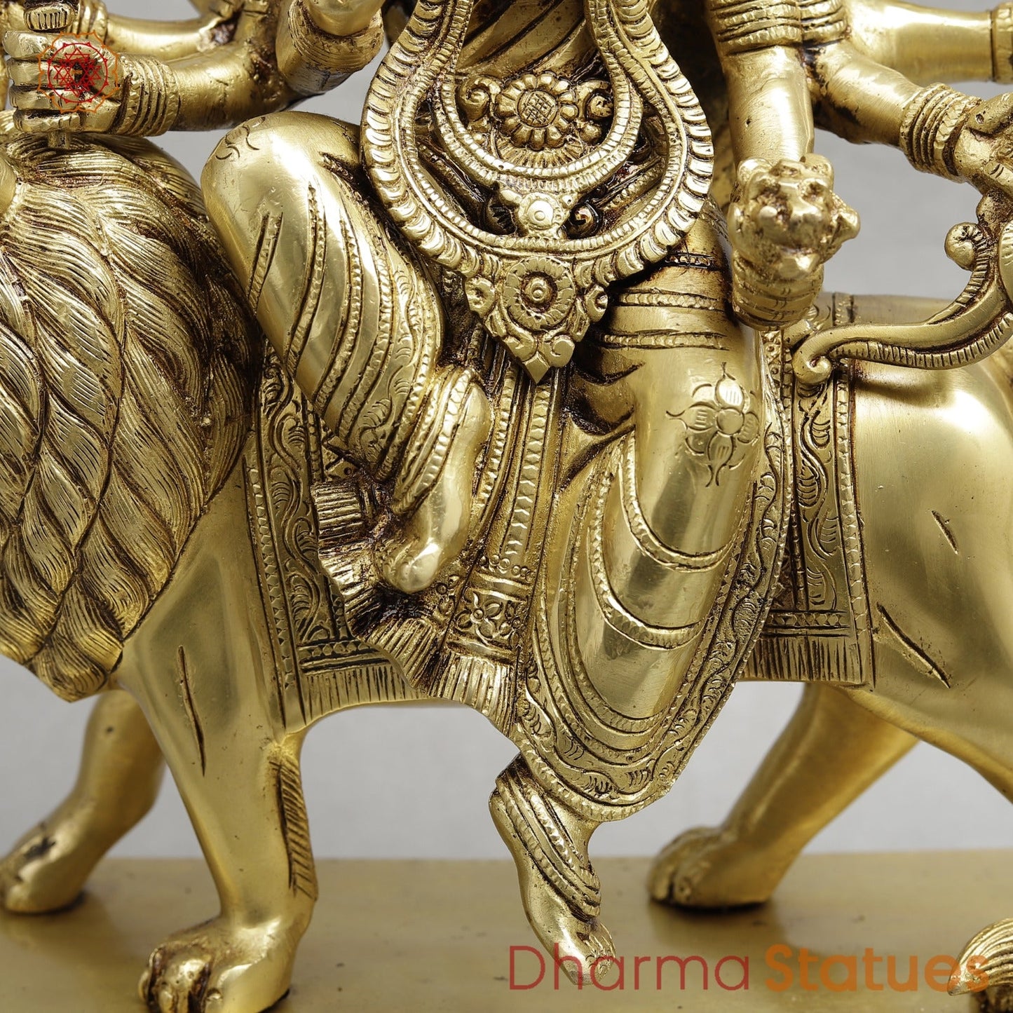 Brass Durga Seated on lion Fine, Special Gold Finish 17”