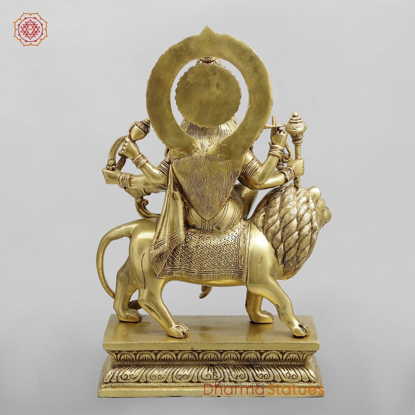 Brass Durga Seated on lion Fine, Special Gold Finish 17”