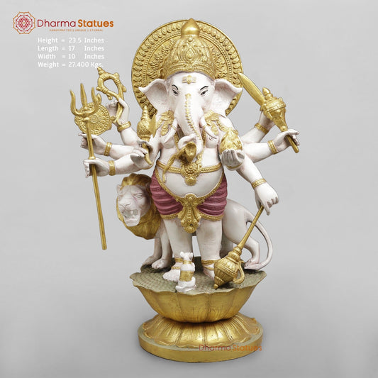 Brass Raksha Ganesh Standing With Trishul Fine, Ivory Finish with Red Shading 24”
