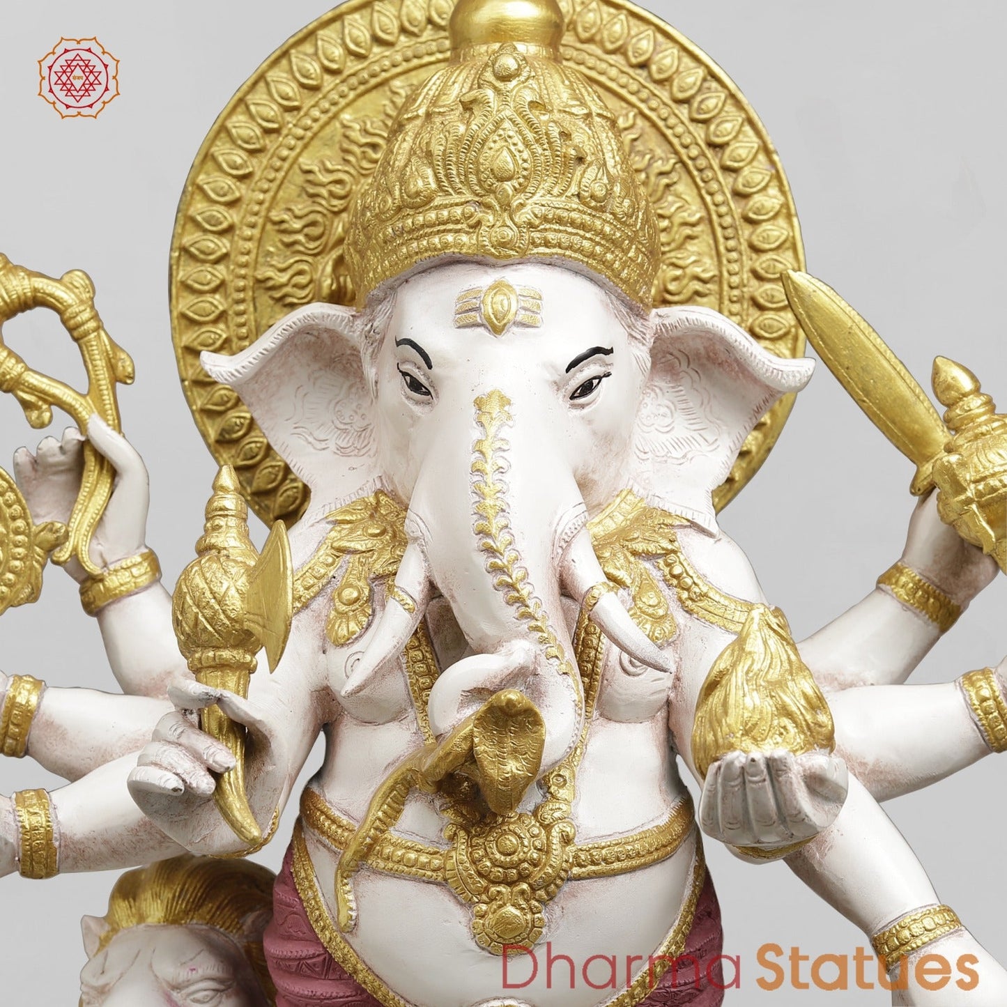 Brass Raksha Ganesh Standing With Trishul Fine, Ivory Finish with Red Shading 24”