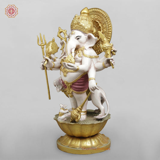 Brass Raksha Ganesh Standing With Trishul Fine, Ivory Finish with Red Shading 24”