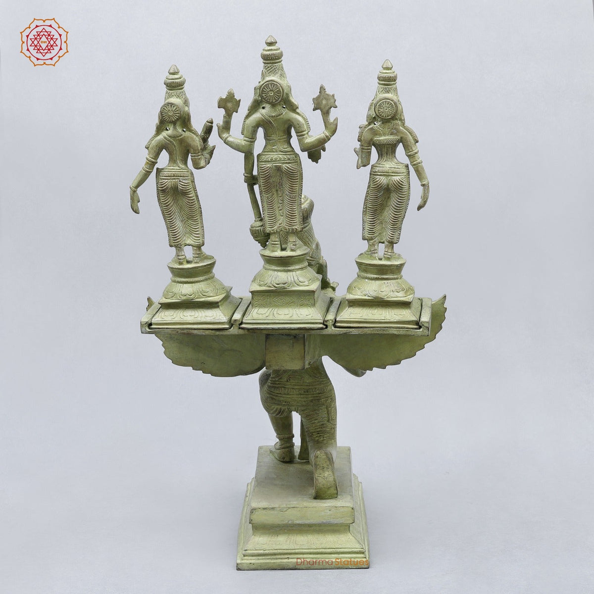 Brass Garuda vaahan Seated with Vishnu, Sridevi & Bhudevi Fine,Green Patina 17”