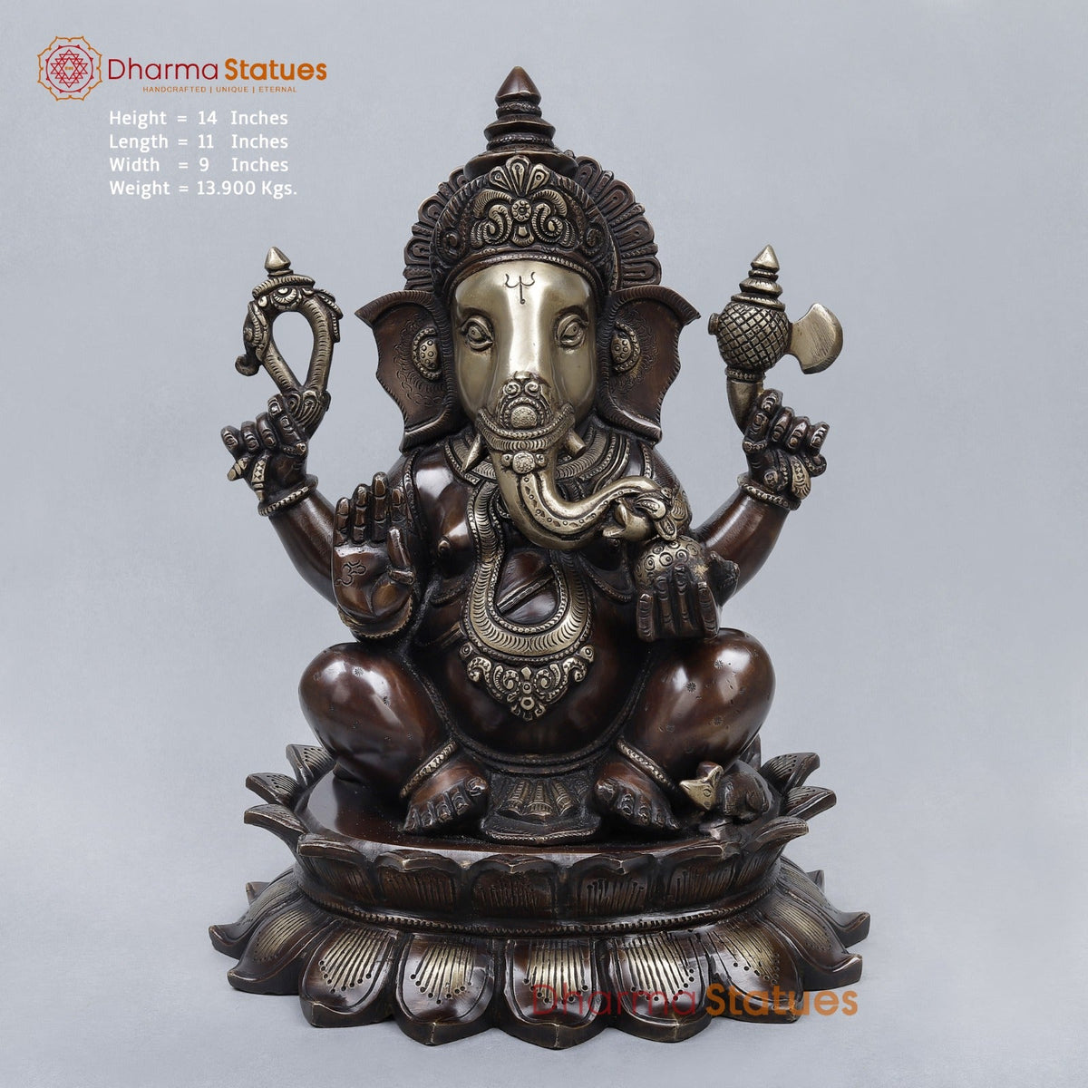 Brass Ganesh Seated On Blooming Lotus Fine, Copper and Smooth Finish 14”