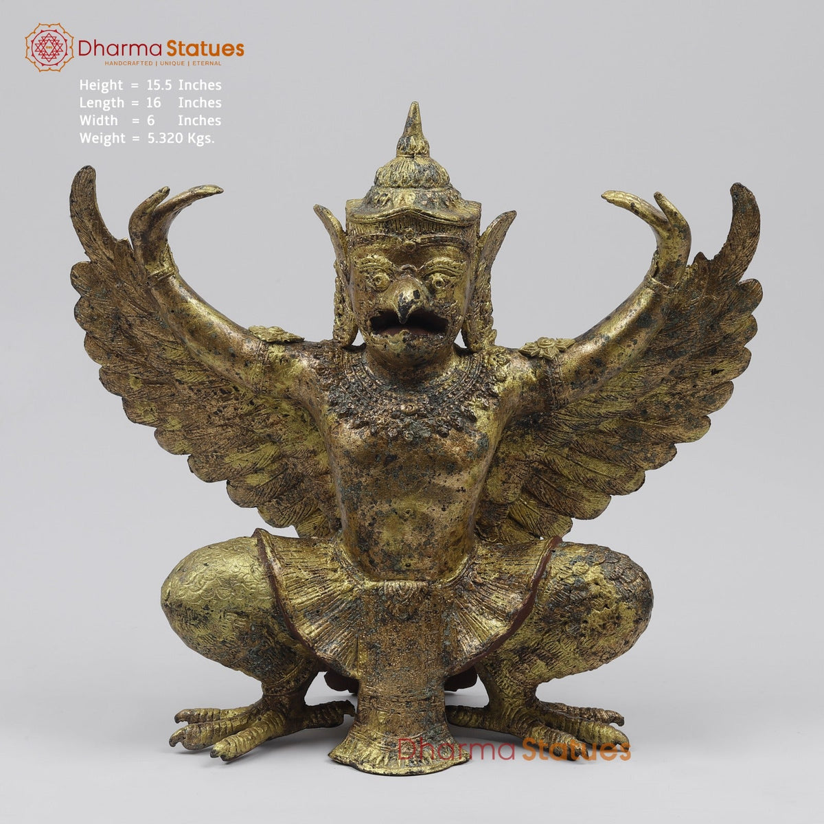Bronze Garuda Seated with Open wings Fine, Antique Gold Finish 16” Origin- Nakhoma Patonm, Thailand