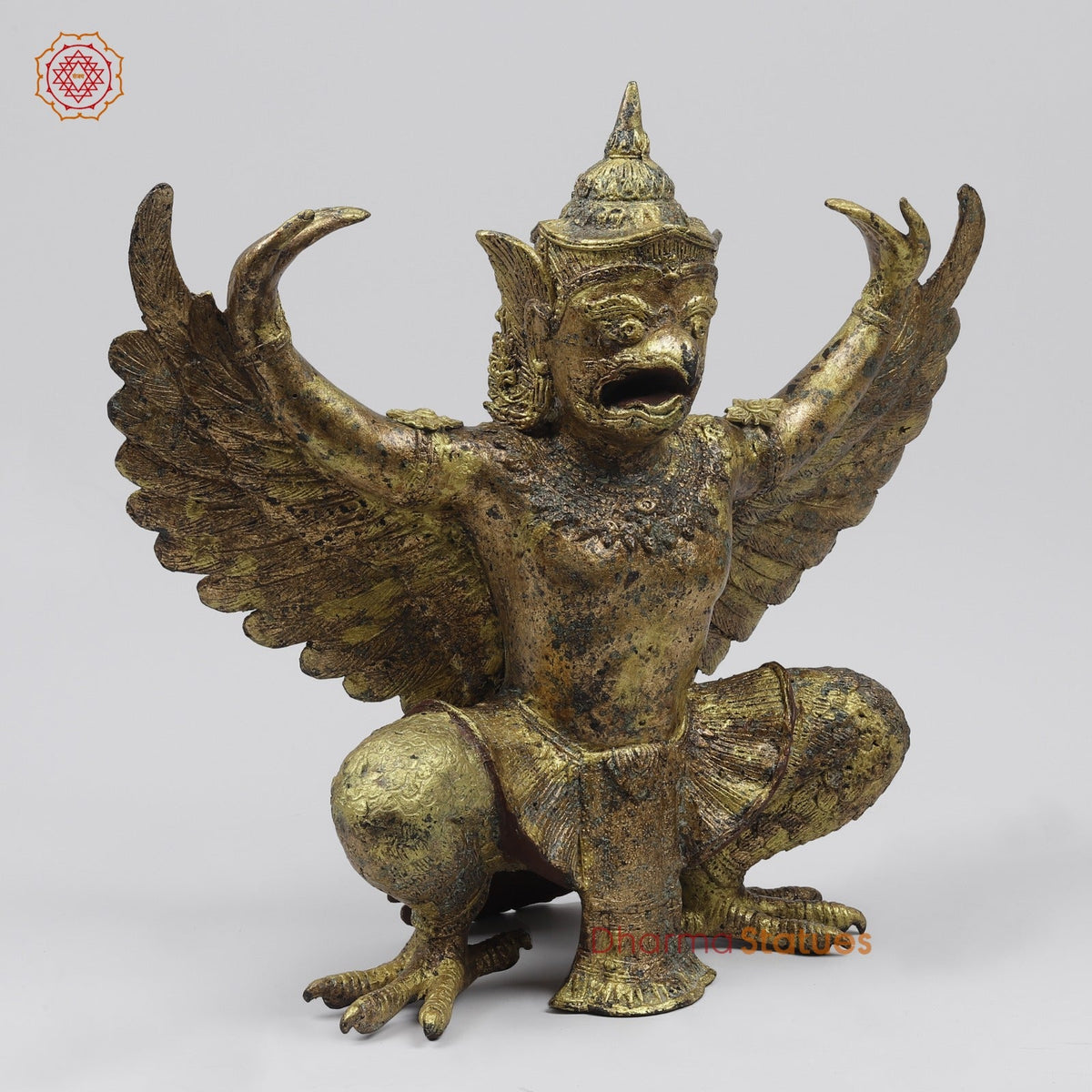 Bronze Garuda Seated with Open wings Fine, Antique Gold Finish 16” Origin- Nakhoma Patonm, Thailand
