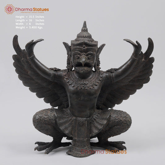 Bronze Garuda Seated with Open wings Fine, Antique Black Finish 16” Origin- Nakhon Pathom, Thailand.