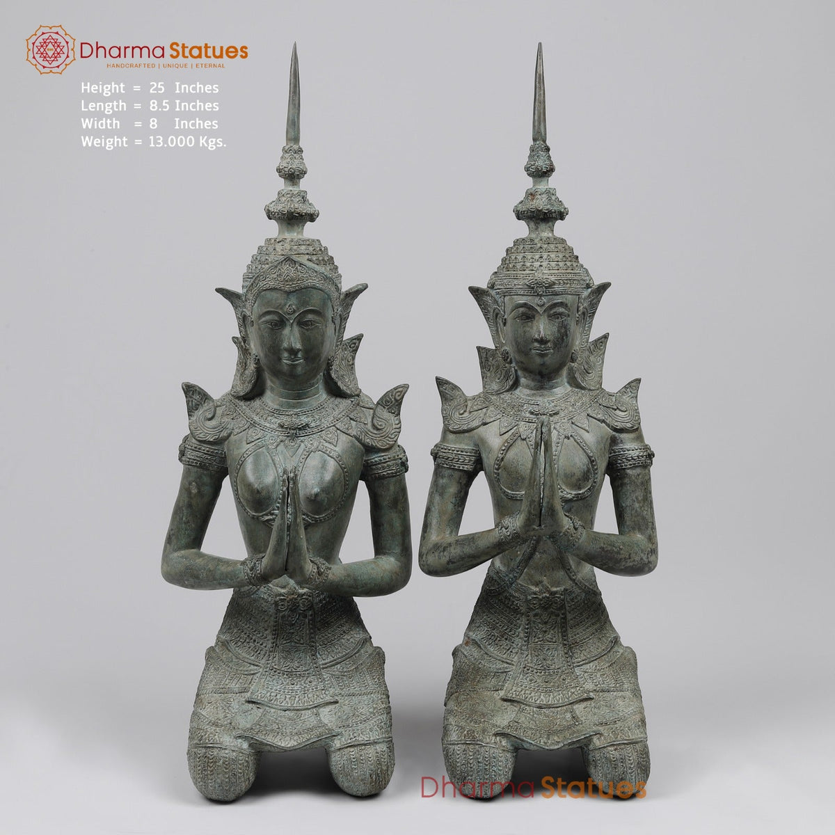 Bronze Thai Praying Devas Kneeling Fine, Green Patina Finish 25” Origin- Nakhon Pathom, Thailand