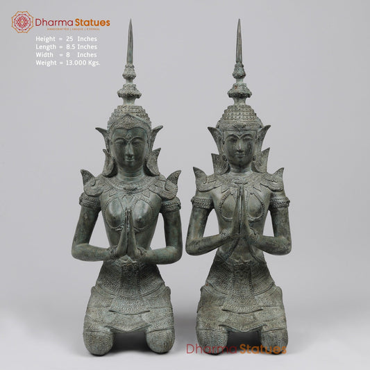 Bronze Thai Praying Devas Kneeling Fine, Green Patina Finish 25” Origin- Nakhon Pathom, Thailand