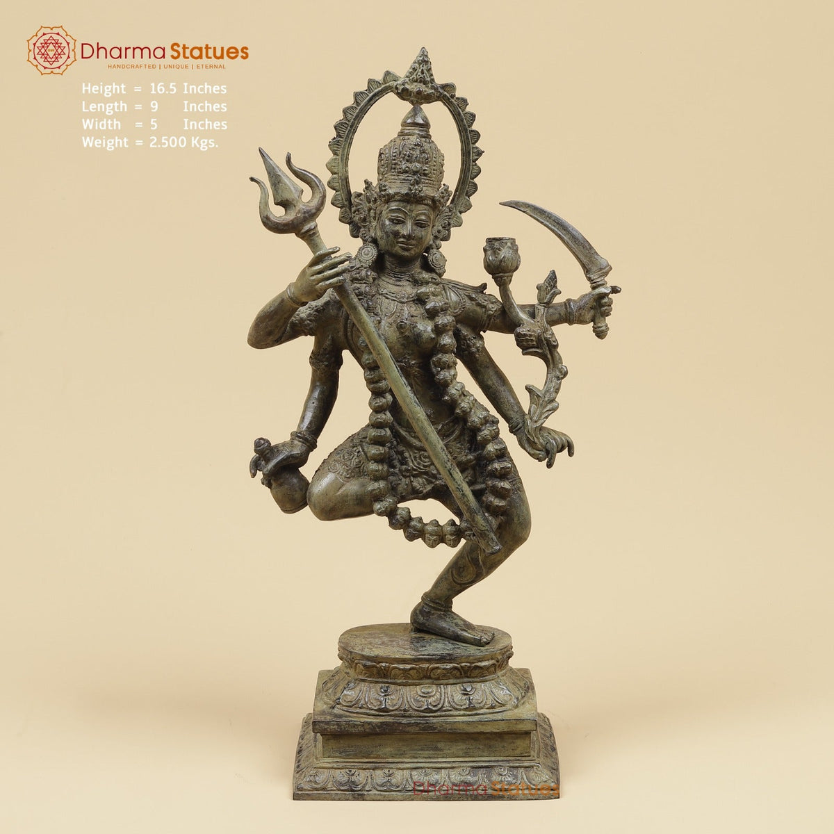 Bronze Kaali Dancing with Trishul Fine, Antique Green finish 17”