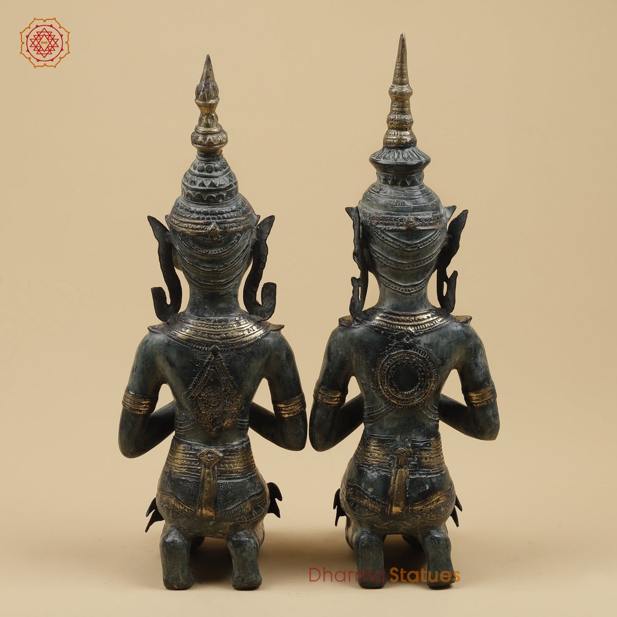 Bronze Praying Devas Kneeling Fine, Turqoise Patina Finish 22.5” Origin- Java, Indonesia.