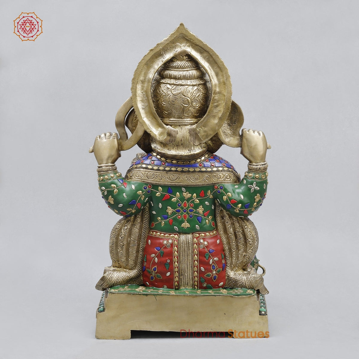 Brass Ganesh Seated with Fine Carving, Stone work 18”