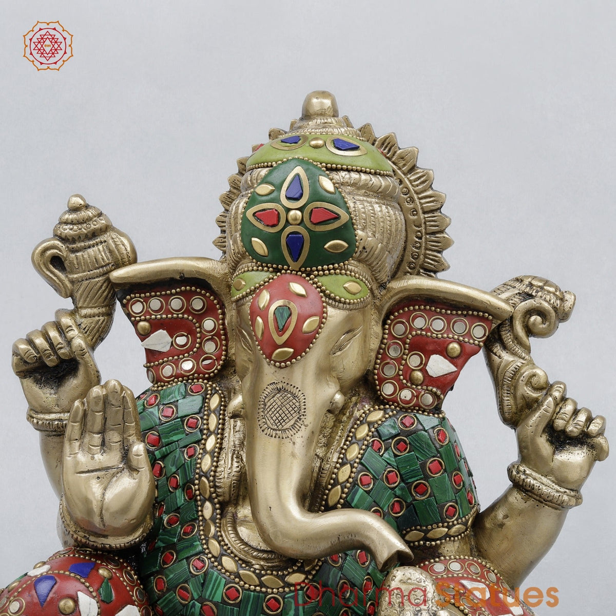 Brass Resting Ganesh Fine, Stone Work 9.5”