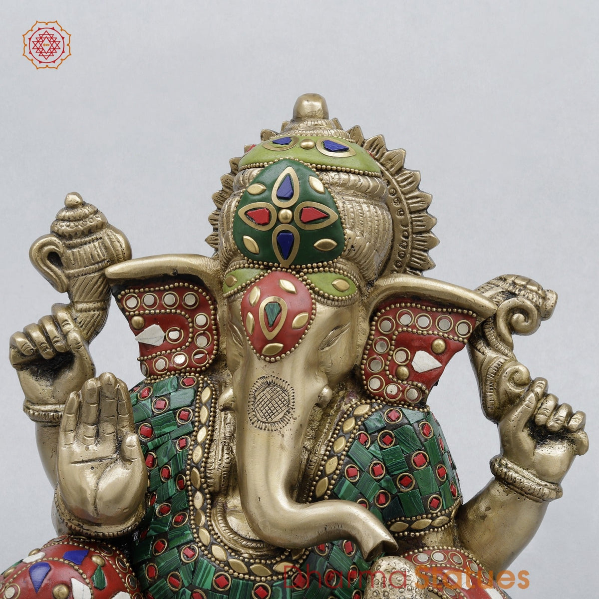 Brass Resting Ganesh Fine, Stone Work 9.5”