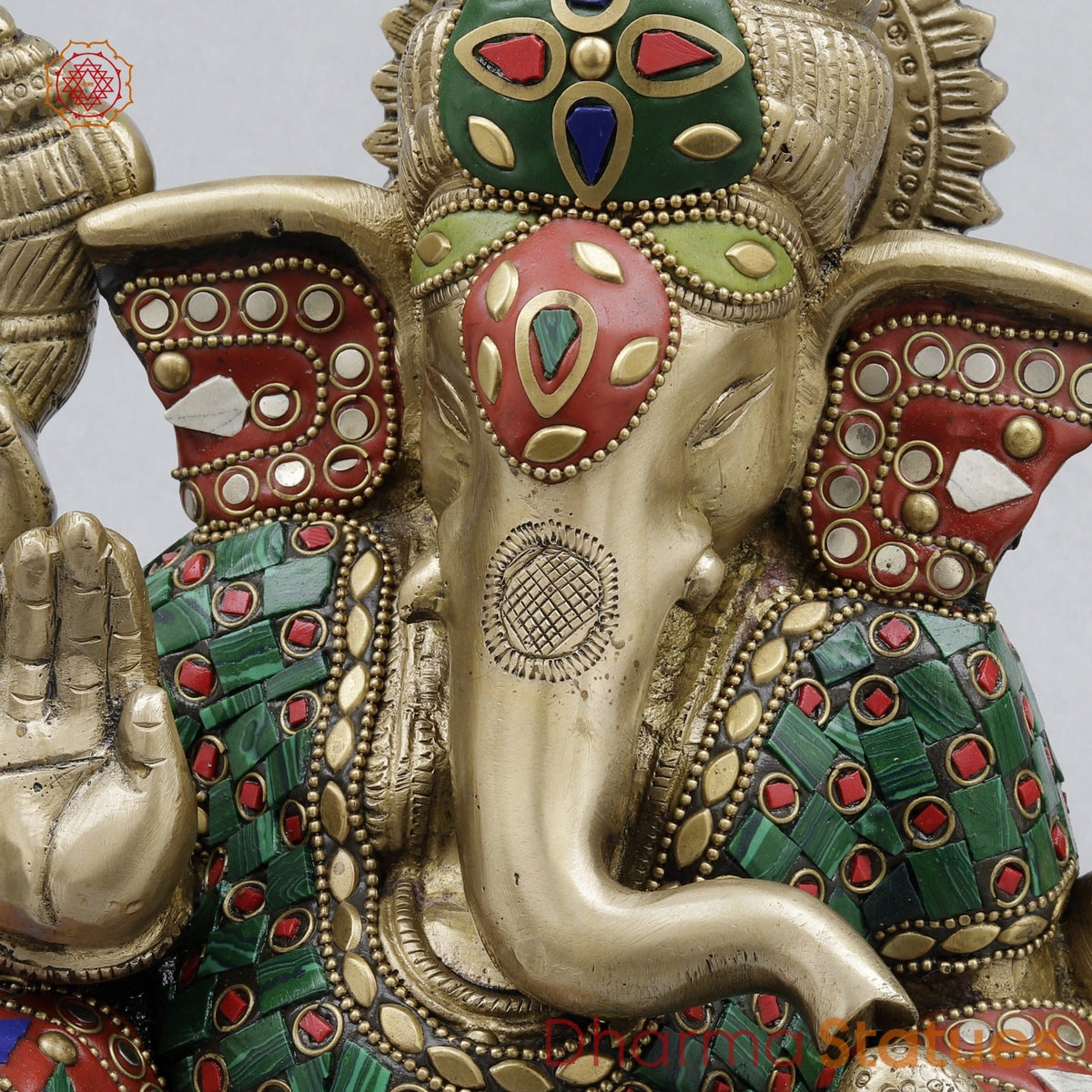 Brass Resting Ganesh Fine, Stone Work 9.5”