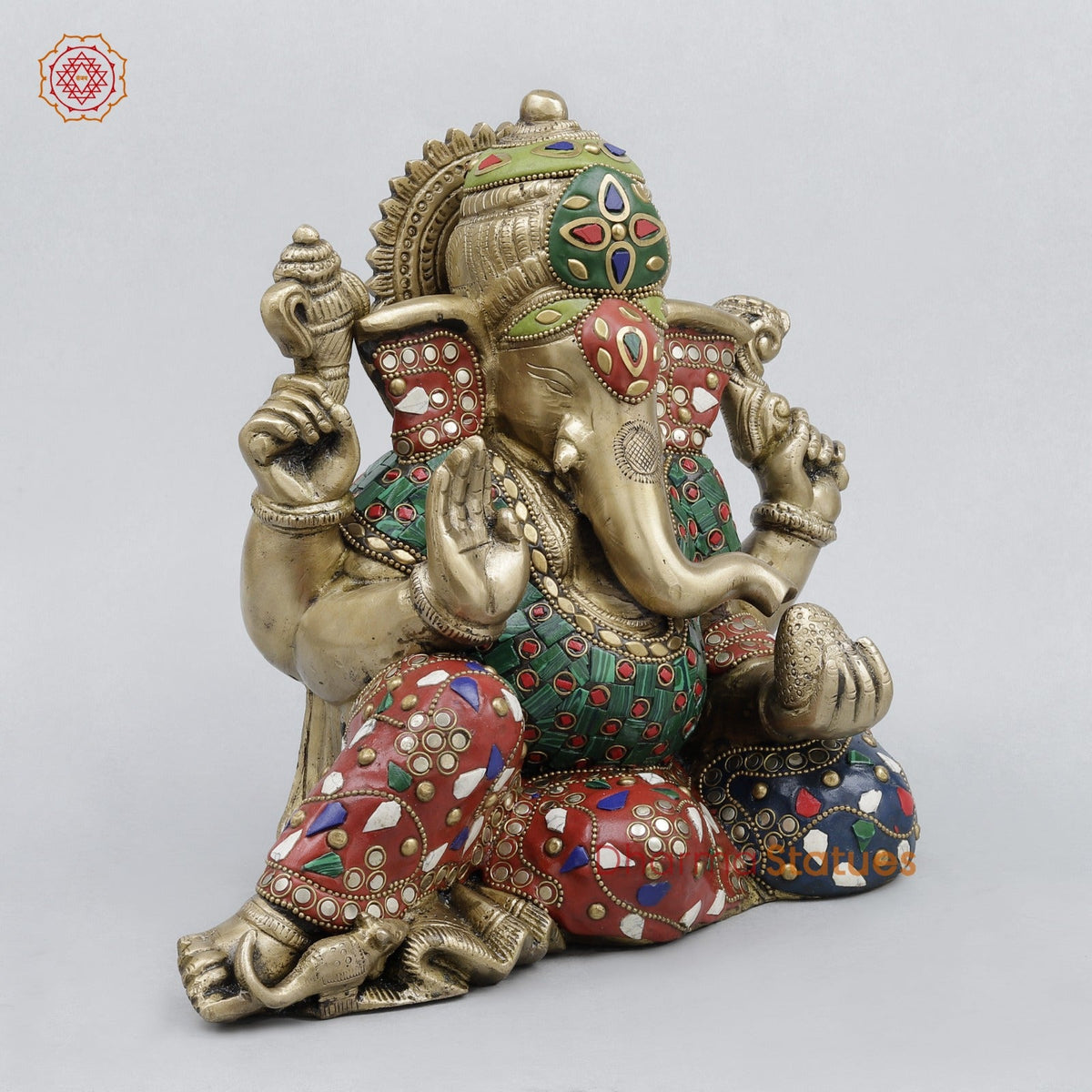 Brass Resting Ganesh Fine, Stone Work 9.5”
