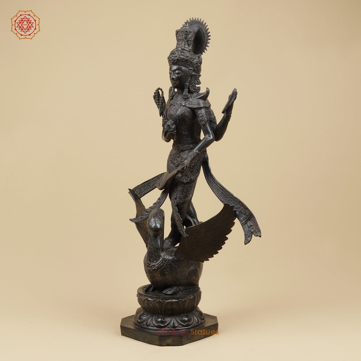 Bronze Saraswati On swan & holding Lotus Fine, Natural Black Patina 31” Origin - Java, Indonesia.